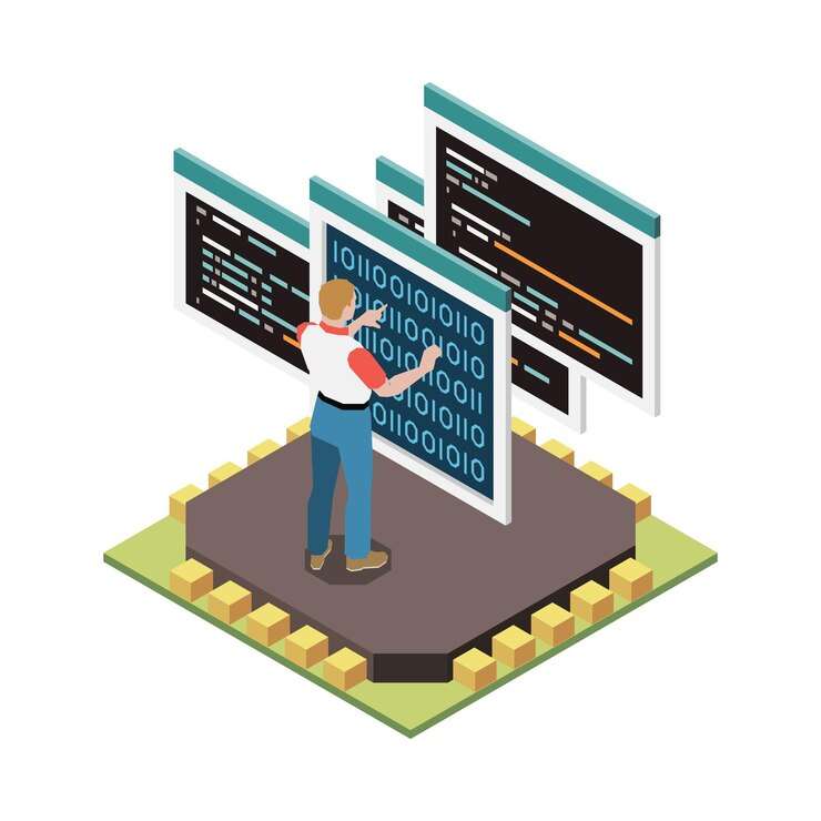 programming development isometric composition with image silicon chip with human character code screens vector illustration 1284 66482